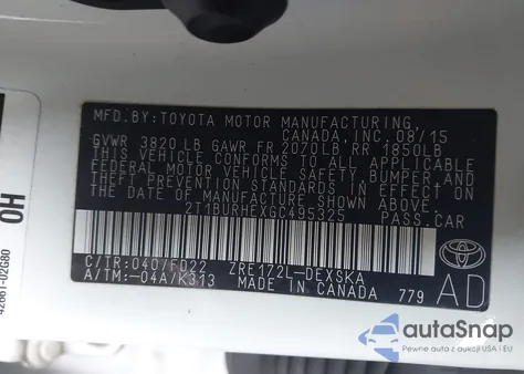 2016 Toyota Corolla S W/Special Edition Pkg z USA, uszkodzony, nr VIN 2T1BURHEXGC495325